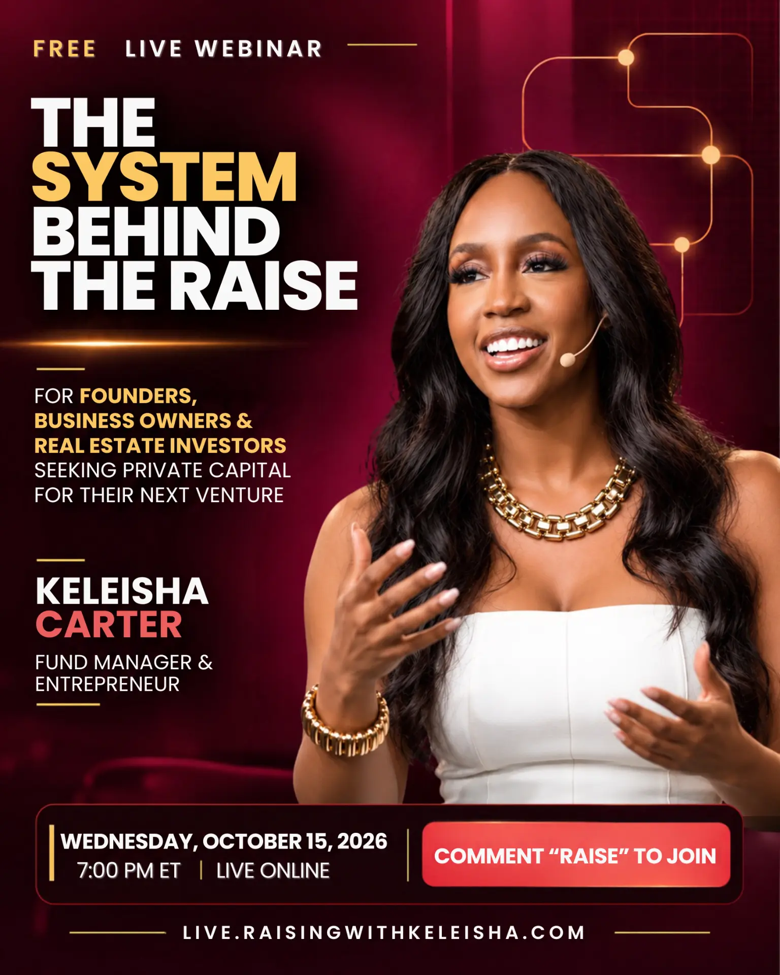 The System Behind the Raise free live webinar flyer — Keleisha Carter, Fund Manager, Wednesday October 15 2026, 7:00 PM ET
