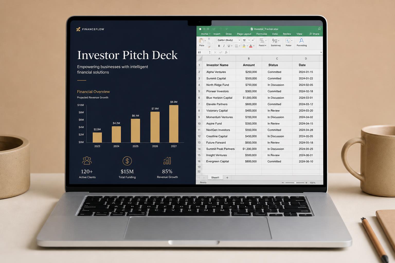 Investor pitch deck and Excel investor tracker on laptop
