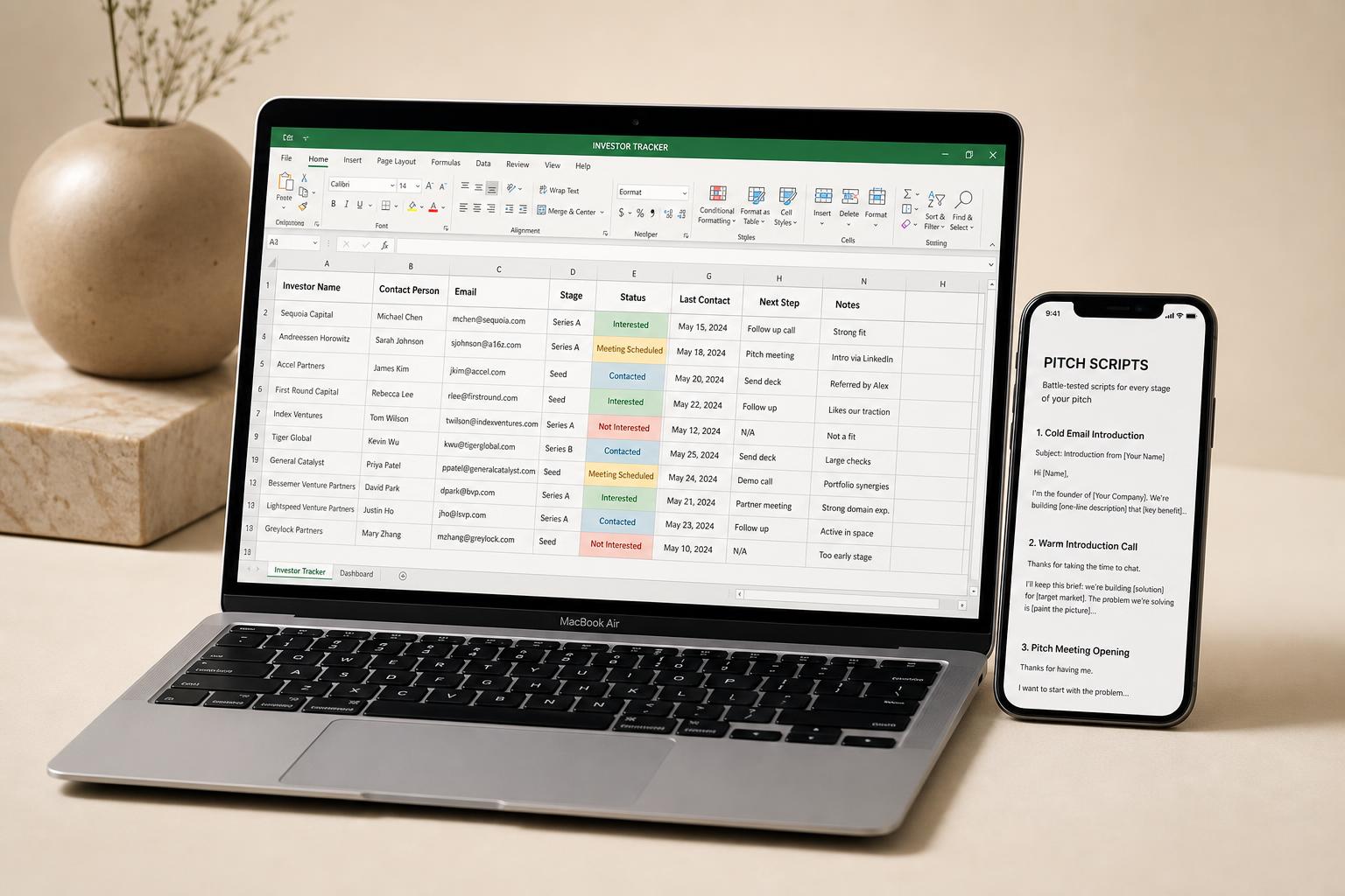 The Full Stack — phone with scripts and laptop with pitch deck and investor tracker