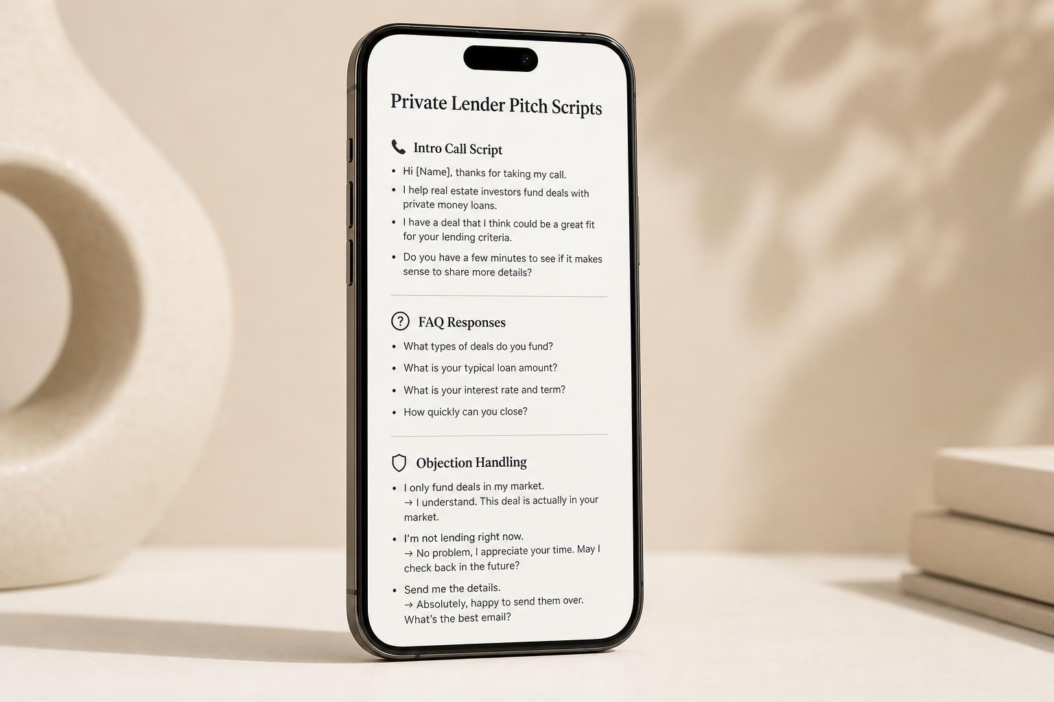 Pitch scripts, private lender FAQs, and intro call scripts mockup
